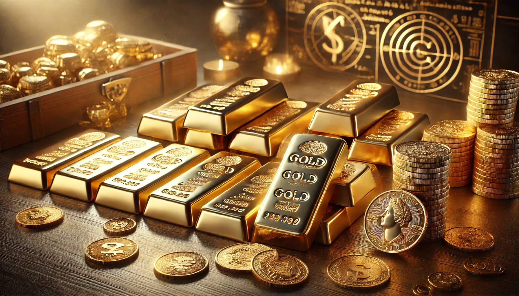 a collection of gold bars and coins displayed on a polished wooden table, illuminated by a soft, warm light.