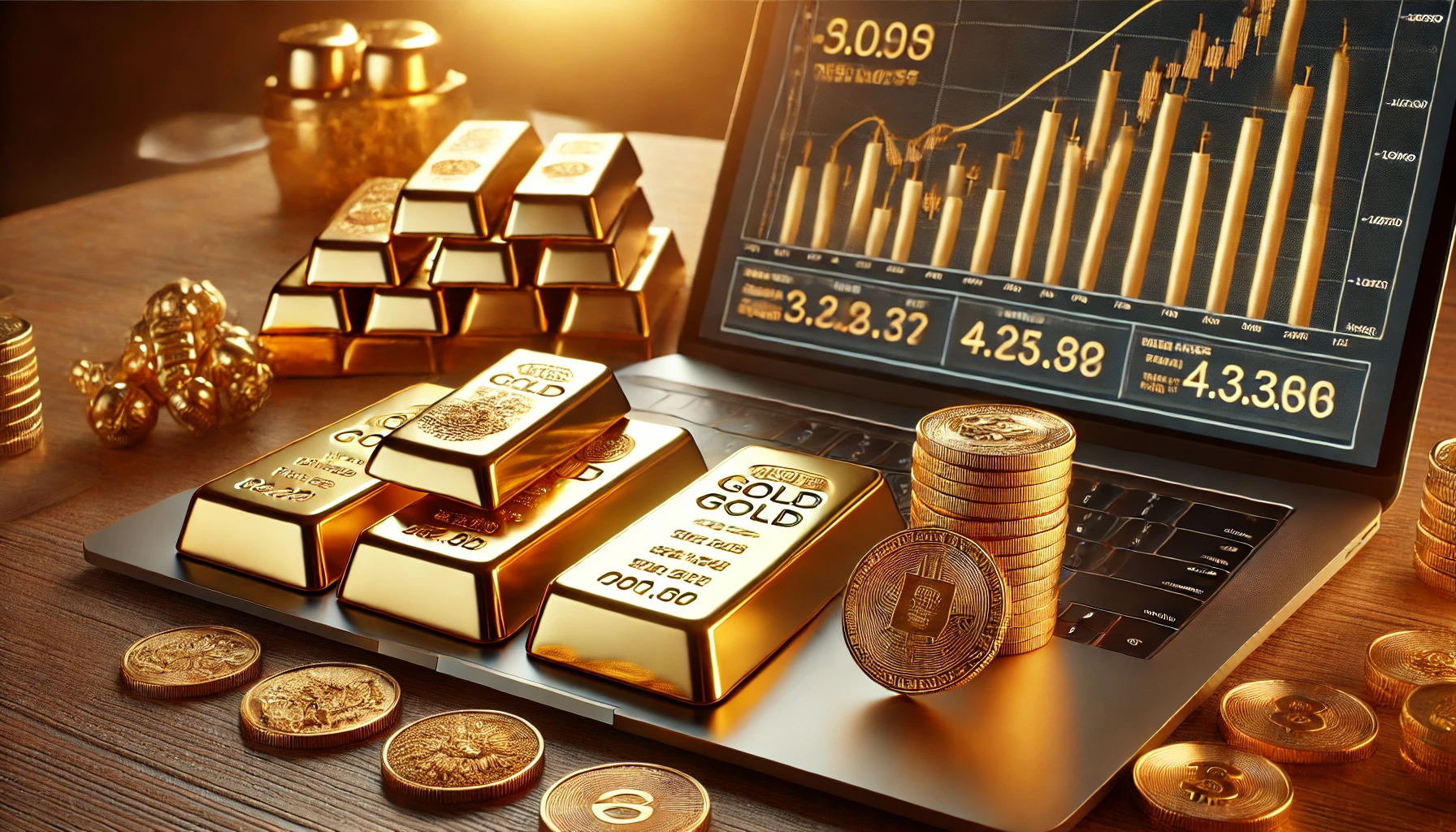 a mix of gold investments, including gold bars, coins, and a laptop screen displaying a gold trading chart.