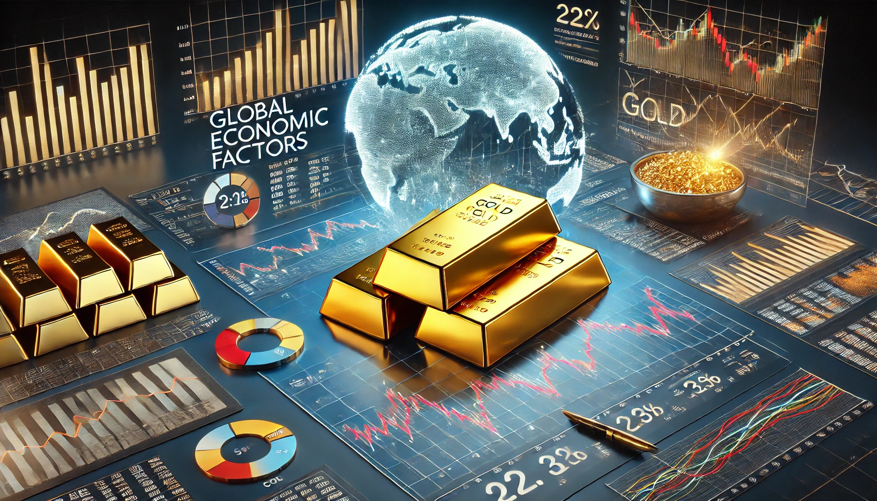 the impact of global economic factors on gold prices with gold bars, global economic indicators, and a fluctuating graph on a computer screen.