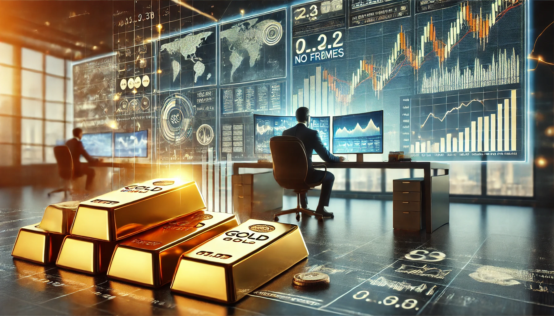  gold trading scene with gold bars, a trading desk setup with multiple monitors displaying financial charts, and a person analyzing market trends. 
