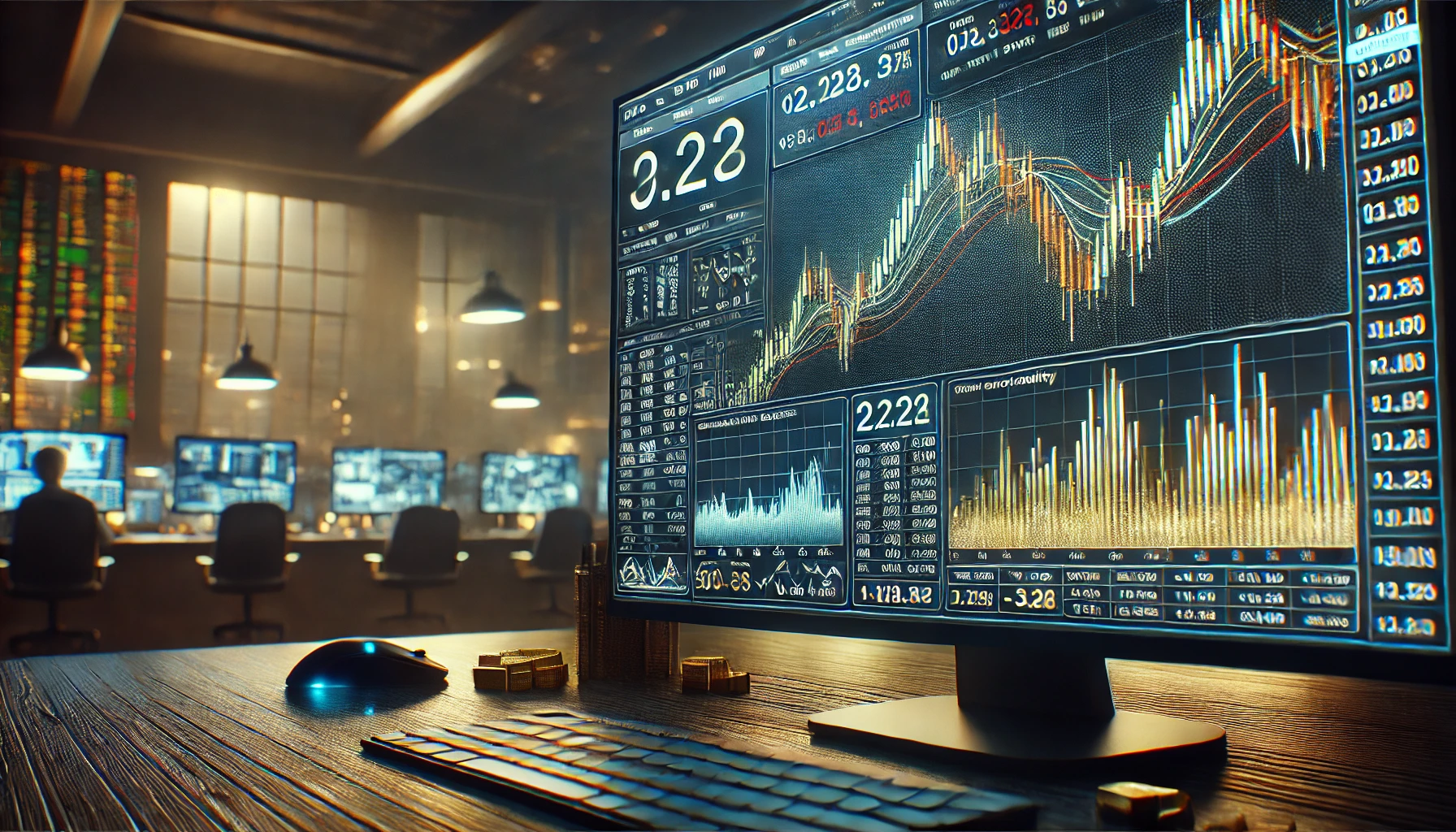  computer screen showing gold trading charts and market volatility indicators
