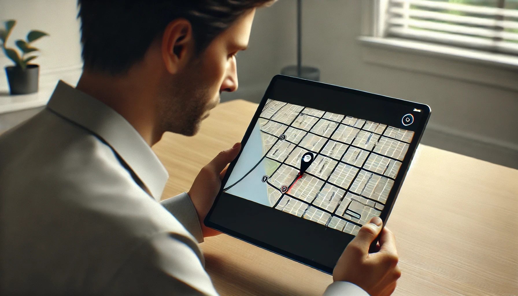 A man looking at an interactive map with a location tracker and marked routes of gold transportation.