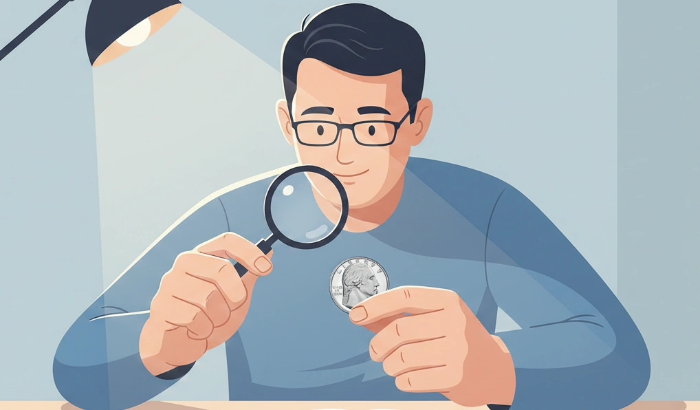 A collector holding a quarter, examining it carefully under light